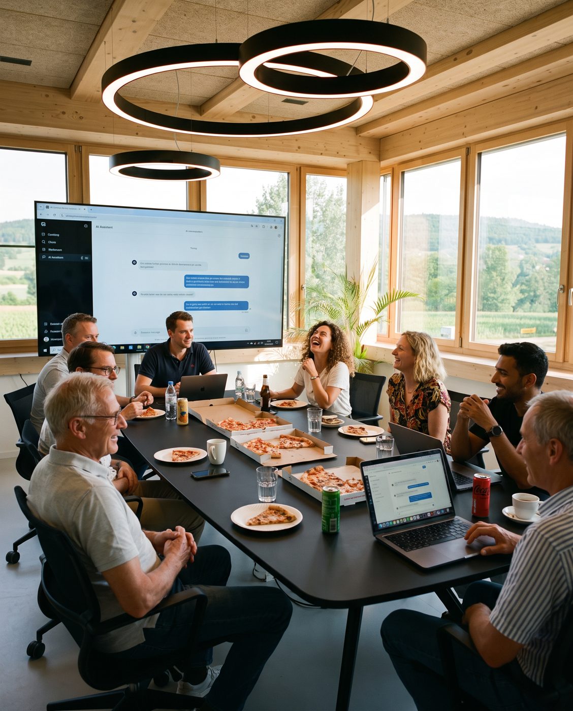 Ein KMU-Team beim KI-&-Pizza-Abend im Fruitjuicer-Büro: Laptops und Pizza auf dem Tisch, Aussicht ins Grüne.