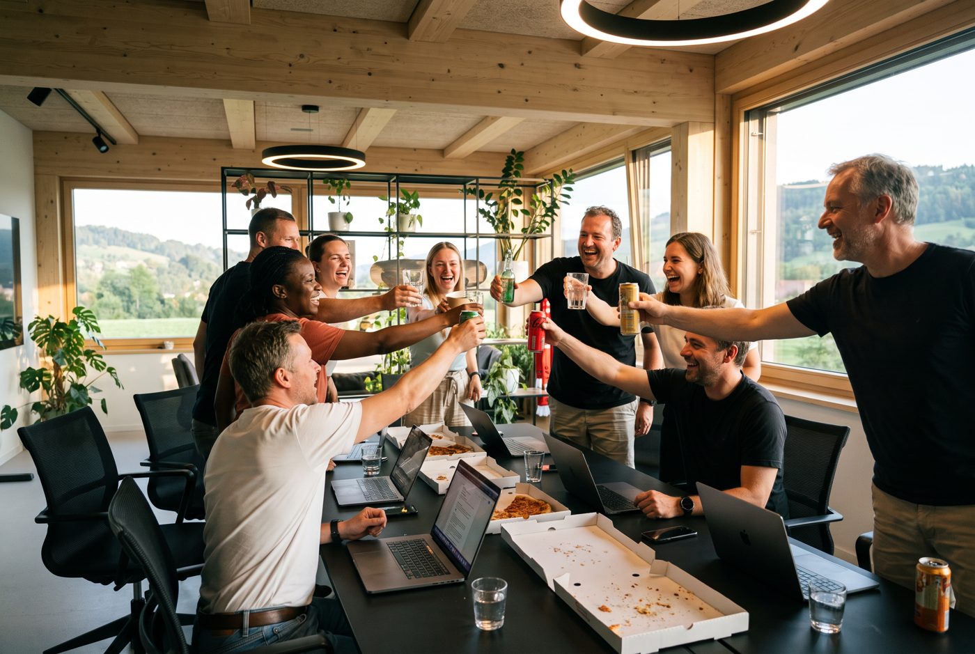 Das Team stösst auf eine gelöste Challenge an.