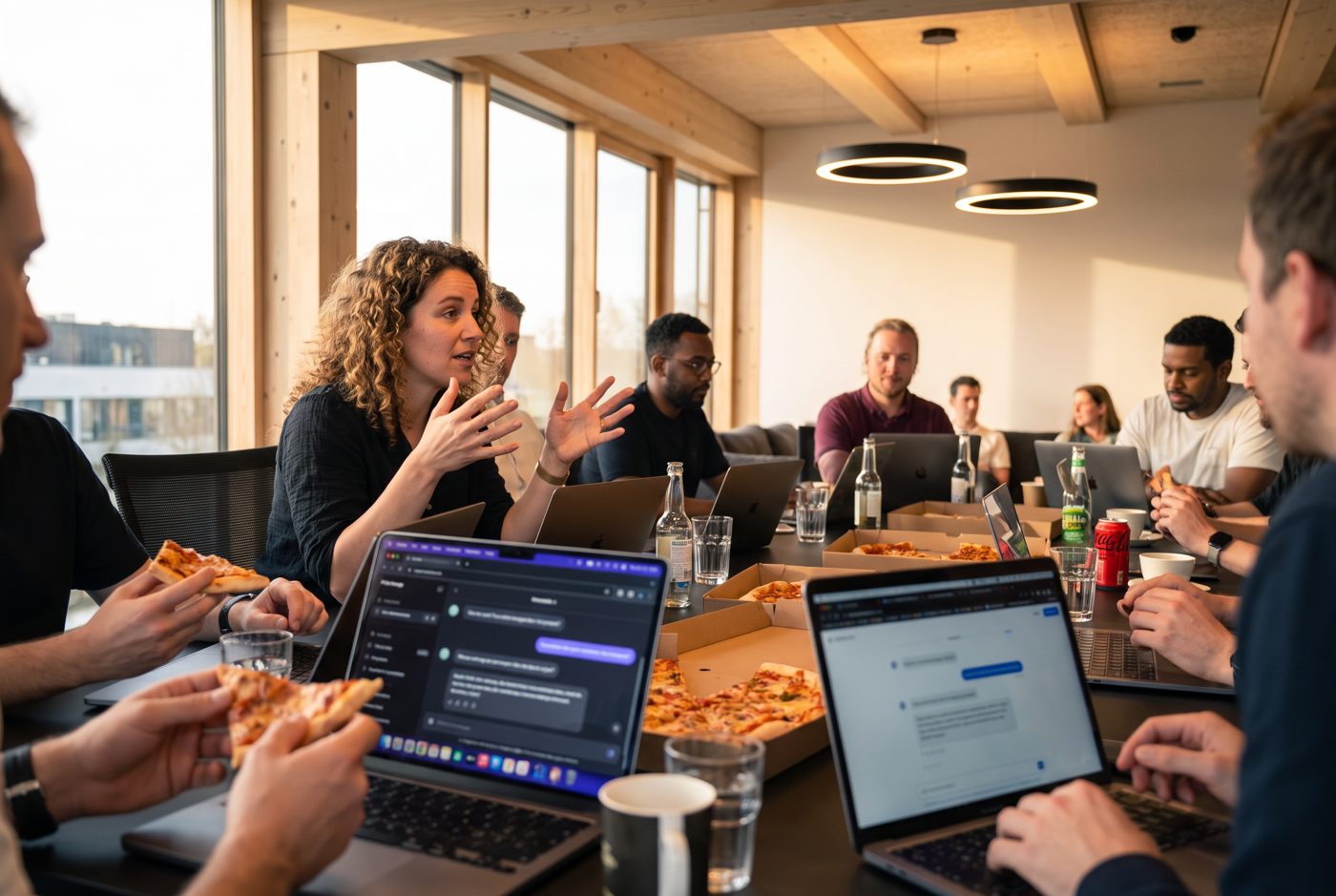 Blick über den Tisch: Laptops, Pizza und Getränke.